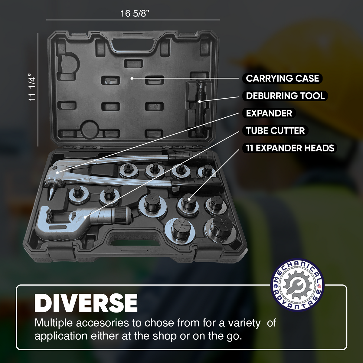 WIDE VARIETY OF OPTIONS  11 expander heads ranging from 3/8, 1/2, 5/8, 3/4, 7/8, 1, 1-1/8, 1- ¼, 1 – 3/8, 1- ½, 1 5/8 inch (10, 12, 16, 19, 22, 25, 28, 32, 35, 38, 42mm) to choose from. The tube cutter can cut 1/4" to 2" tubes(5-50mm). The tube reamer is suitable for all sizes of applicable thin-walled steel tubes.